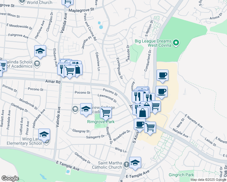 map of restaurants, bars, coffee shops, grocery stores, and more near 16941 Pocono Street in La Puente