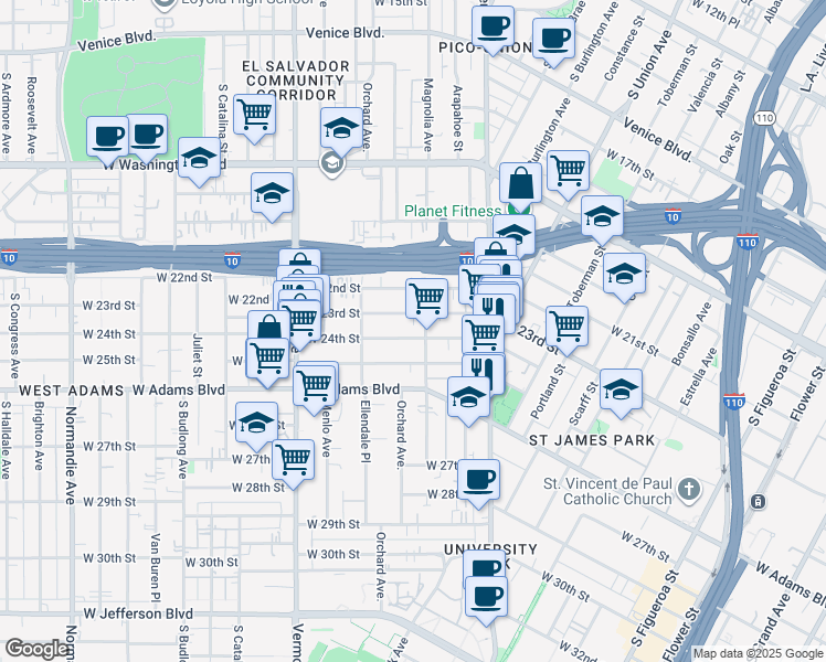 map of restaurants, bars, coffee shops, grocery stores, and more near 1213 West 24th Street in Los Angeles