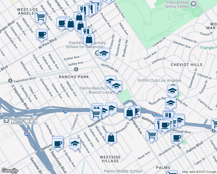 map of restaurants, bars, coffee shops, grocery stores, and more near 2831 Overland Avenue in Los Angeles