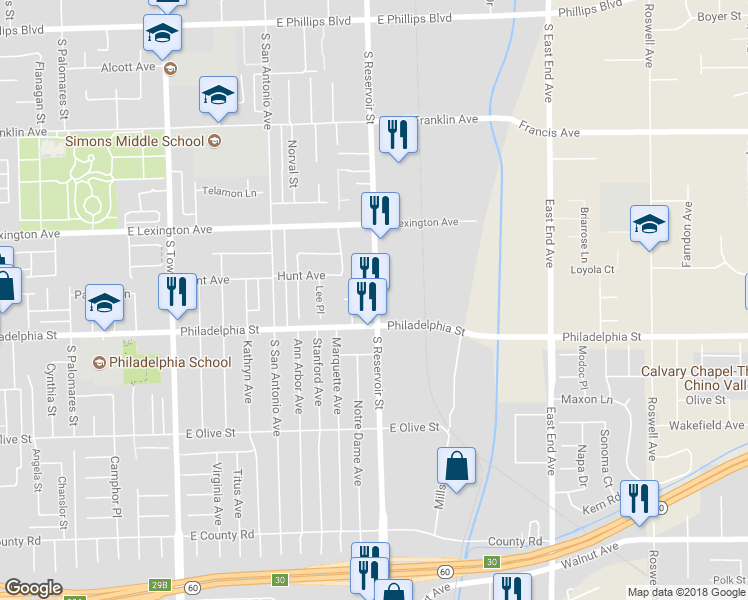 map of restaurants, bars, coffee shops, grocery stores, and more near 2041 South Reservoir Street in Pomona