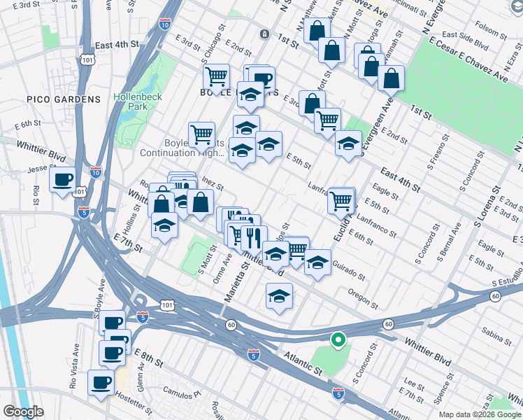 map of restaurants, bars, coffee shops, grocery stores, and more near 632 South Mott Street in Los Angeles