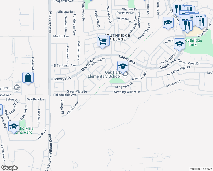 map of restaurants, bars, coffee shops, grocery stores, and more near 12040 Woodbridge Drive in Fontana