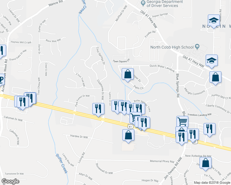 map of restaurants, bars, coffee shops, grocery stores, and more near 3577 Butler Springs Trace in Kennesaw