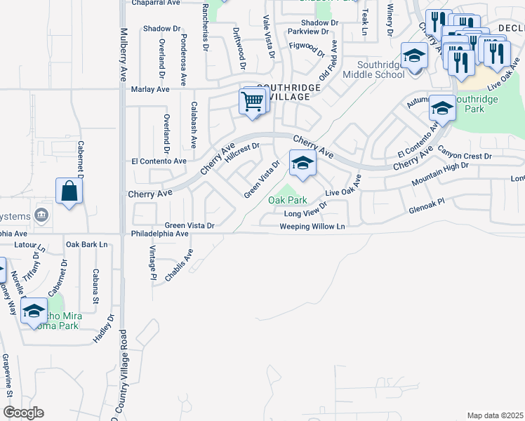map of restaurants, bars, coffee shops, grocery stores, and more near 12040 Woodbridge Drive in Fontana