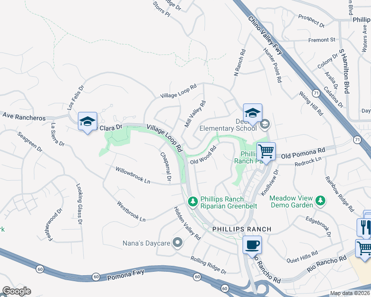 map of restaurants, bars, coffee shops, grocery stores, and more near 7 Sundance Drive in Pomona
