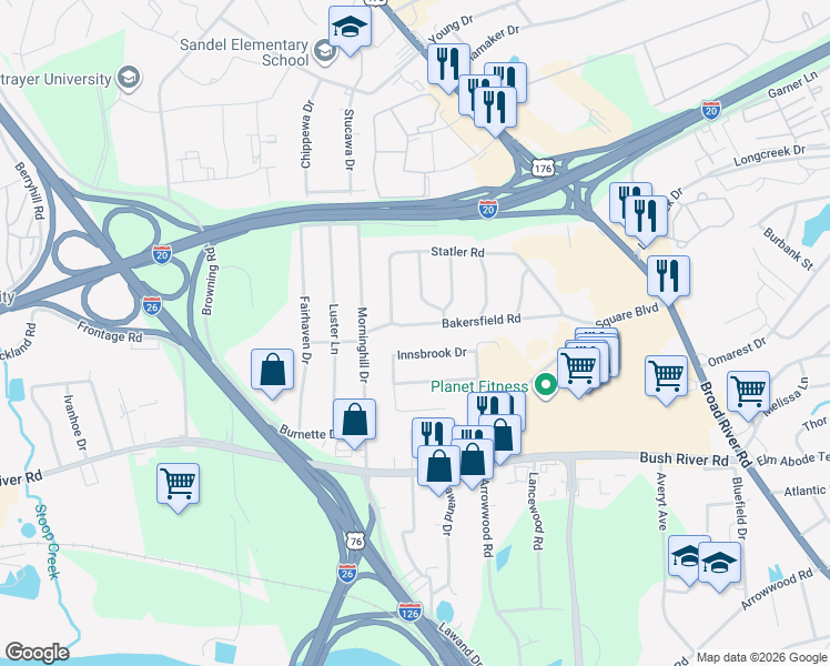 map of restaurants, bars, coffee shops, grocery stores, and more near 951 Bakersfield Road in Columbia