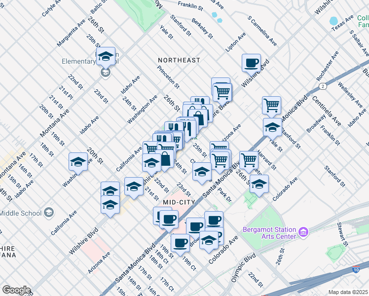 map of restaurants, bars, coffee shops, grocery stores, and more near 2439 Wilshire Boulevard in Santa Monica