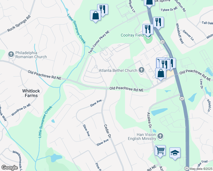 map of restaurants, bars, coffee shops, grocery stores, and more near 2625 Cedar Drive in Lawrenceville