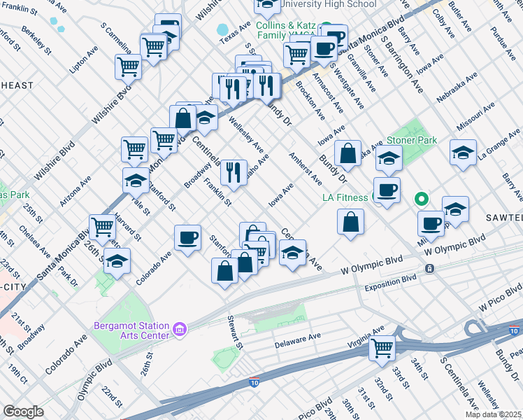 map of restaurants, bars, coffee shops, grocery stores, and more near 1703 South Carmelina Avenue in Los Angeles
