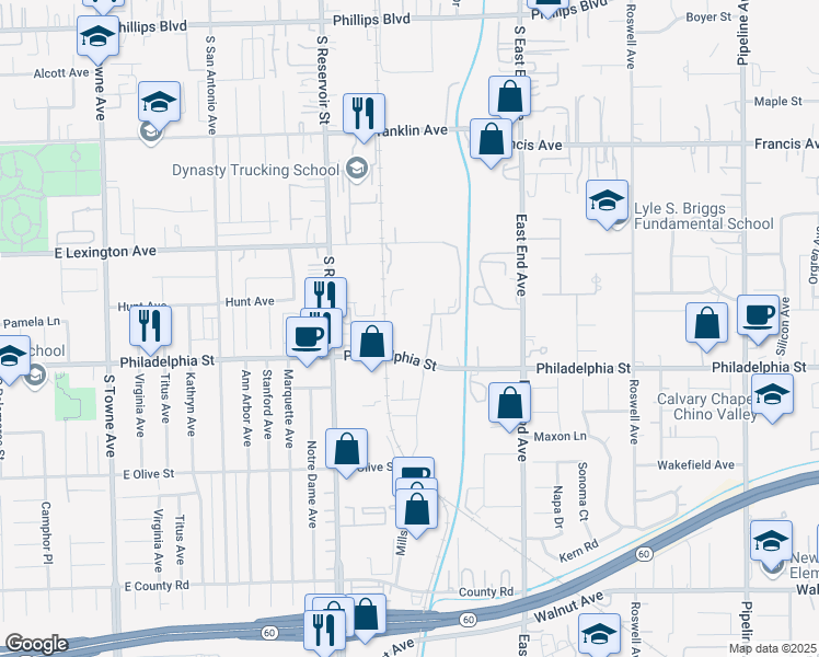 map of restaurants, bars, coffee shops, grocery stores, and more near 1353 Philadelphia Street in Pomona