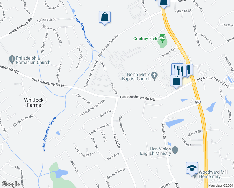 map of restaurants, bars, coffee shops, grocery stores, and more near 2637 Cedar Drive Northeast in Lawrenceville