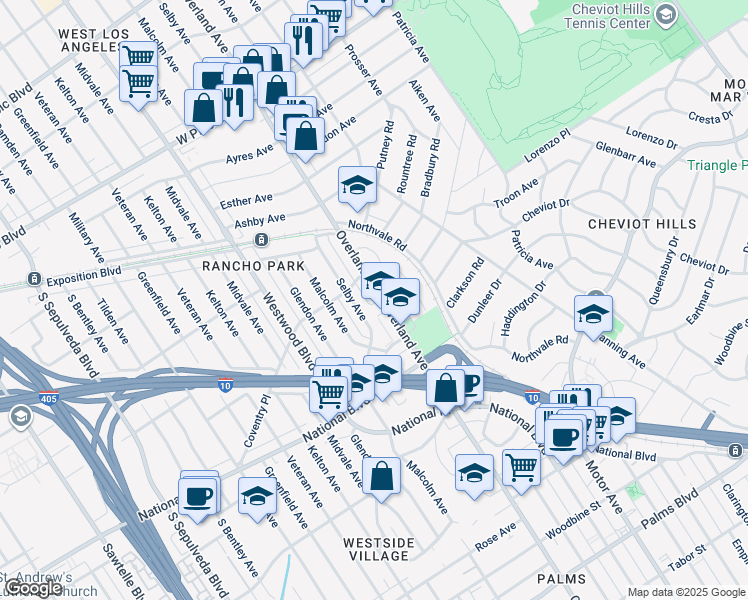 map of restaurants, bars, coffee shops, grocery stores, and more near 2831 Overland Avenue in Los Angeles