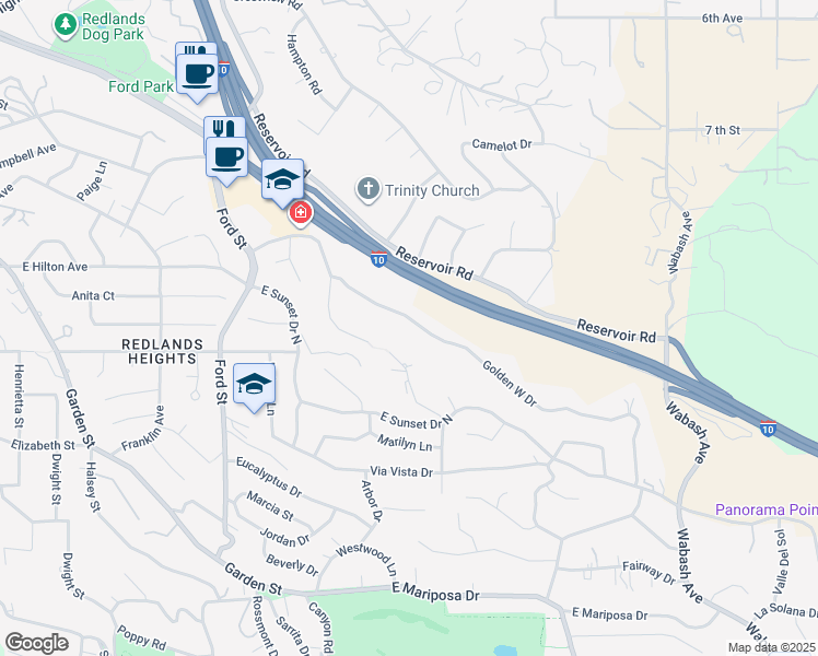 map of restaurants, bars, coffee shops, grocery stores, and more near 523 Golden West Drive in Redlands