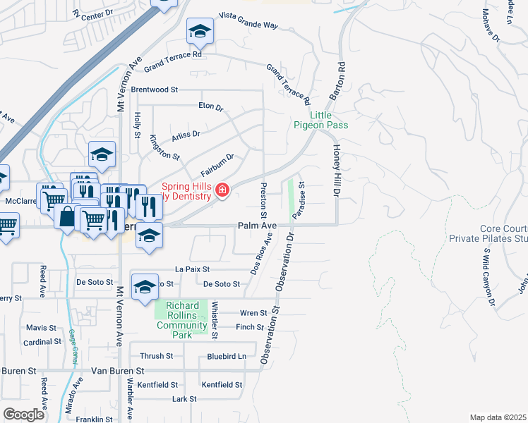 map of restaurants, bars, coffee shops, grocery stores, and more near 12062 Preston Street in Grand Terrace