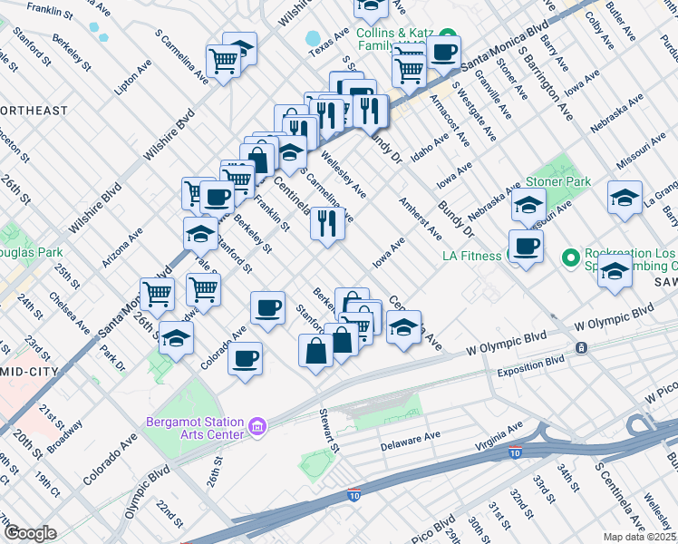 map of restaurants, bars, coffee shops, grocery stores, and more near 1633 Centinela Avenue in Santa Monica