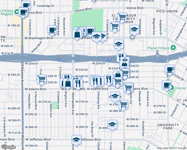 map of restaurants, bars, coffee shops, grocery stores, and more near 2327 South Budlong Avenue in Los Angeles