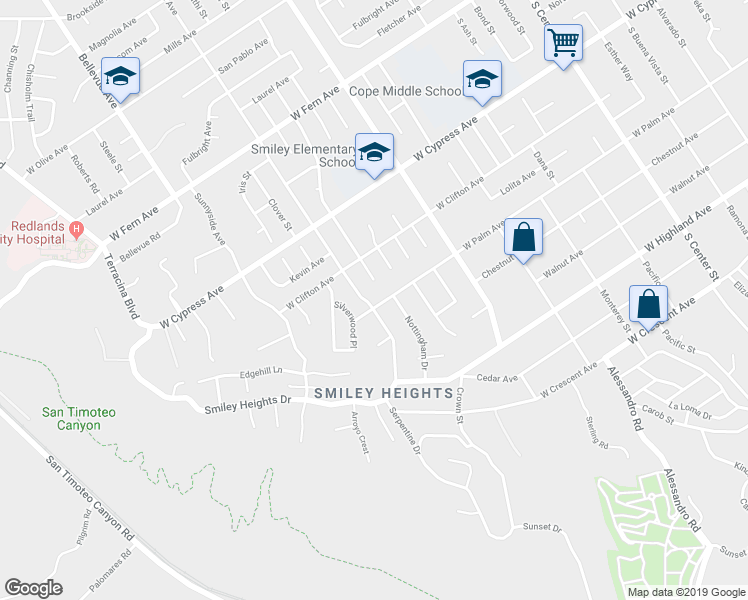 map of restaurants, bars, coffee shops, grocery stores, and more near 1250 West Palm Avenue in Redlands