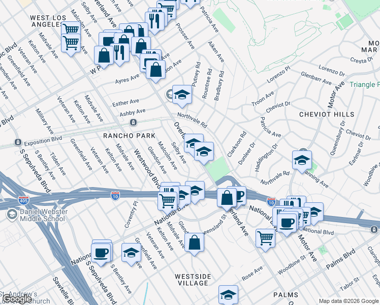 map of restaurants, bars, coffee shops, grocery stores, and more near 2828 Overland Avenue in Los Angeles