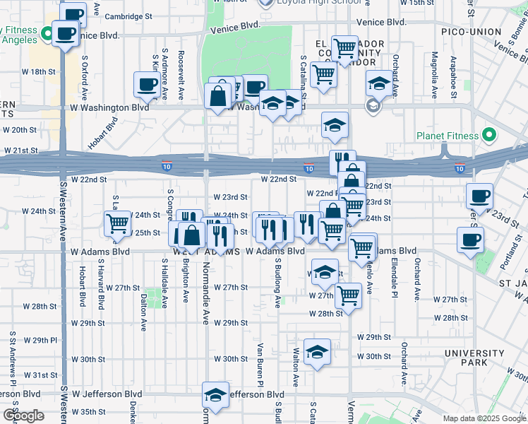 map of restaurants, bars, coffee shops, grocery stores, and more near 2327 South Budlong Avenue in Los Angeles