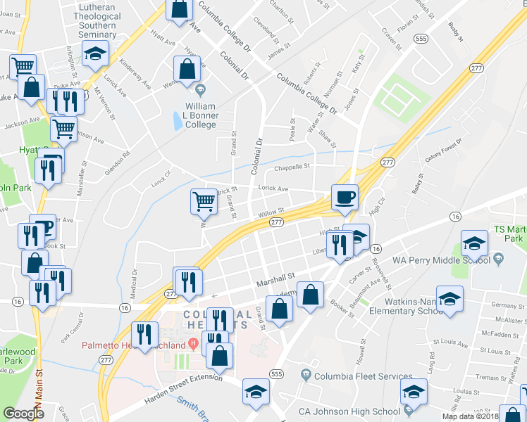 map of restaurants, bars, coffee shops, grocery stores, and more near 2131 Willow Street in Columbia
