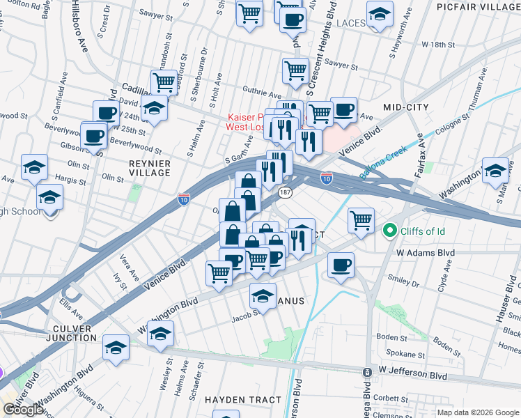 map of restaurants, bars, coffee shops, grocery stores, and more near Venice Boulevard in Los Angeles