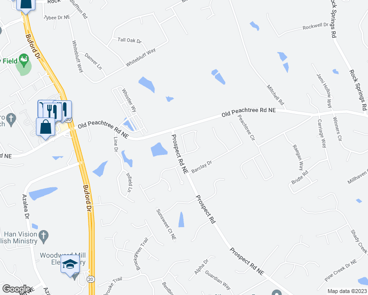 map of restaurants, bars, coffee shops, grocery stores, and more near 1729 Wilford Drive Northeast in Lawrenceville