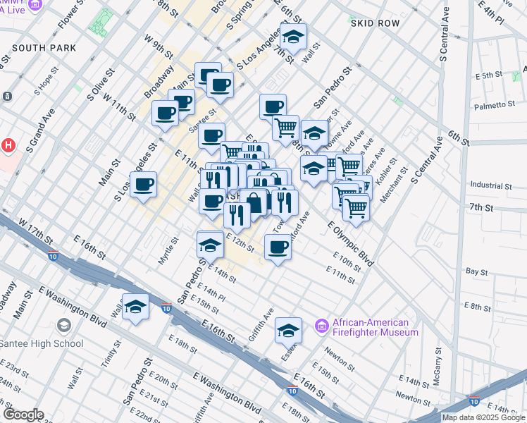map of restaurants, bars, coffee shops, grocery stores, and more near 1001 Crocker Street in Los Angeles