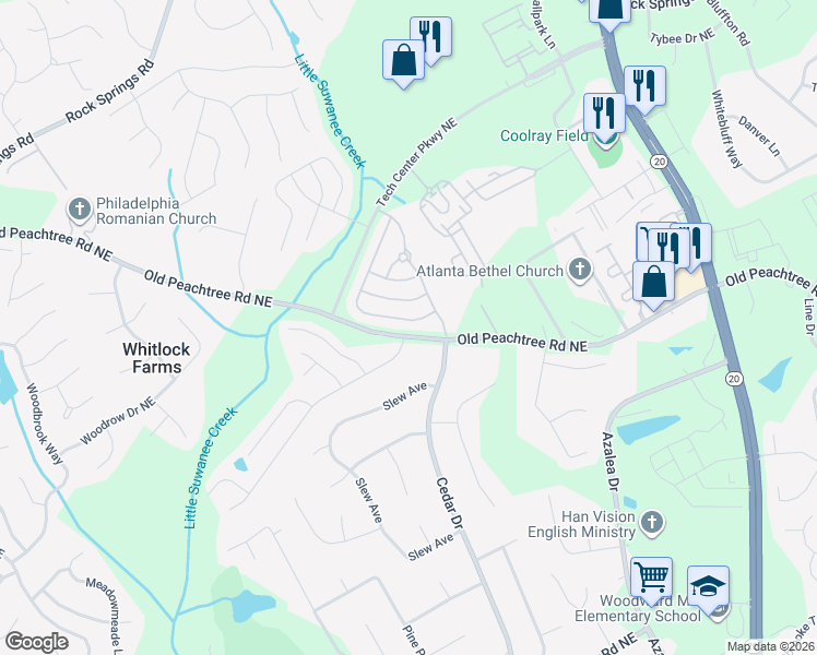 map of restaurants, bars, coffee shops, grocery stores, and more near 2352 Suwanee Pointe Drive in Lawrenceville