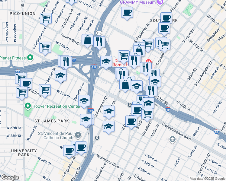 map of restaurants, bars, coffee shops, grocery stores, and more near 1880 South Figueroa Street in Los Angeles