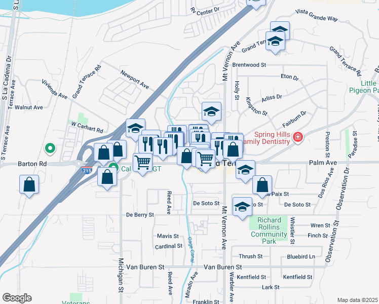 map of restaurants, bars, coffee shops, grocery stores, and more near 12009 Aspen Circle in Grand Terrace
