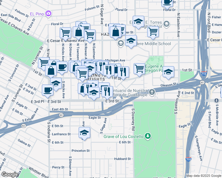map of restaurants, bars, coffee shops, grocery stores, and more near 133 South Herbert Avenue in Los Angeles