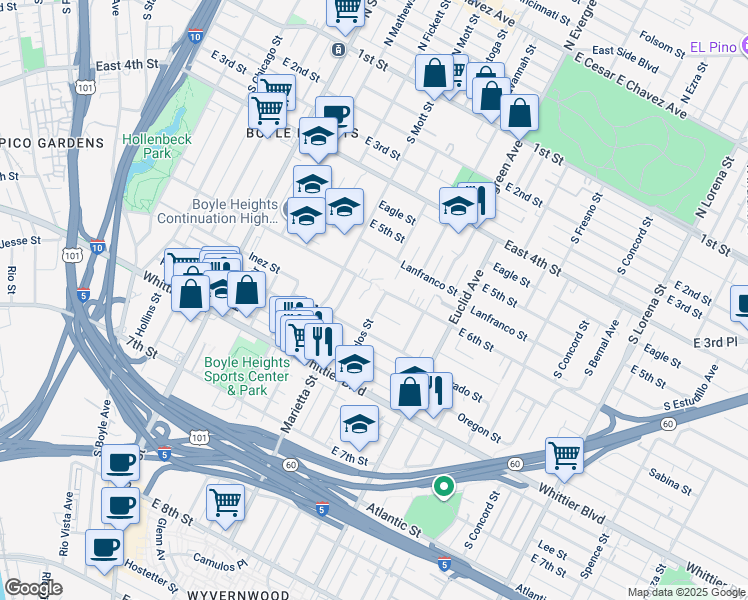 map of restaurants, bars, coffee shops, grocery stores, and more near 2734 East 6th Street in Los Angeles
