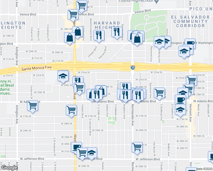 map of restaurants, bars, coffee shops, grocery stores, and more near 1809 West 24th Street in Los Angeles