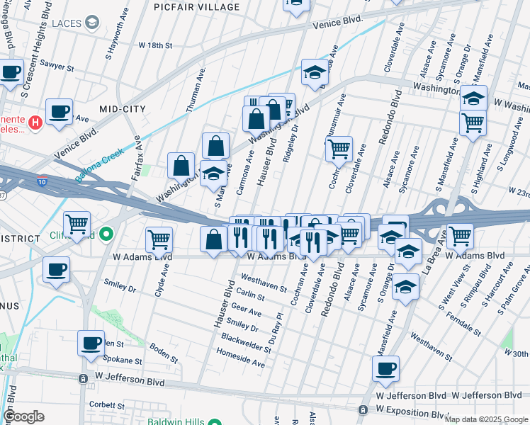 map of restaurants, bars, coffee shops, grocery stores, and more near 2404 1/4 Ridgeley Drive in Los Angeles