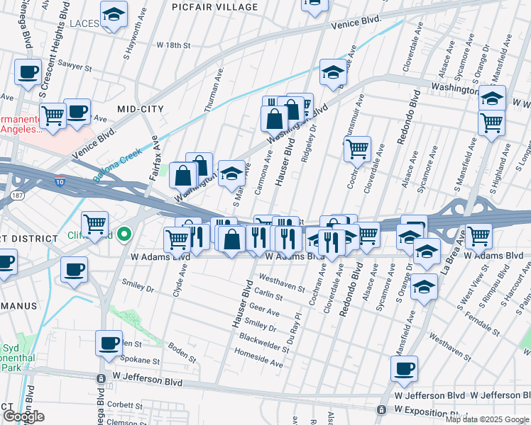 map of restaurants, bars, coffee shops, grocery stores, and more near in Los Angeles