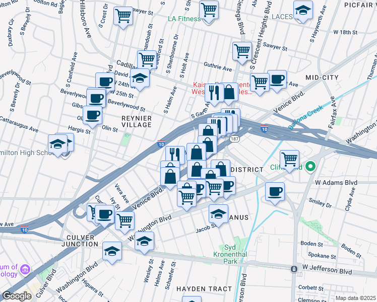 map of restaurants, bars, coffee shops, grocery stores, and more near 8645 Olin Street in Los Angeles