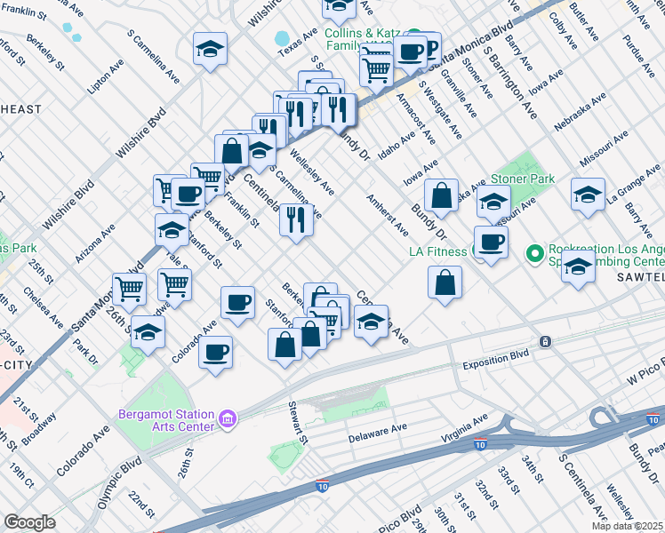 map of restaurants, bars, coffee shops, grocery stores, and more near 1703 South Carmelina Avenue in Los Angeles