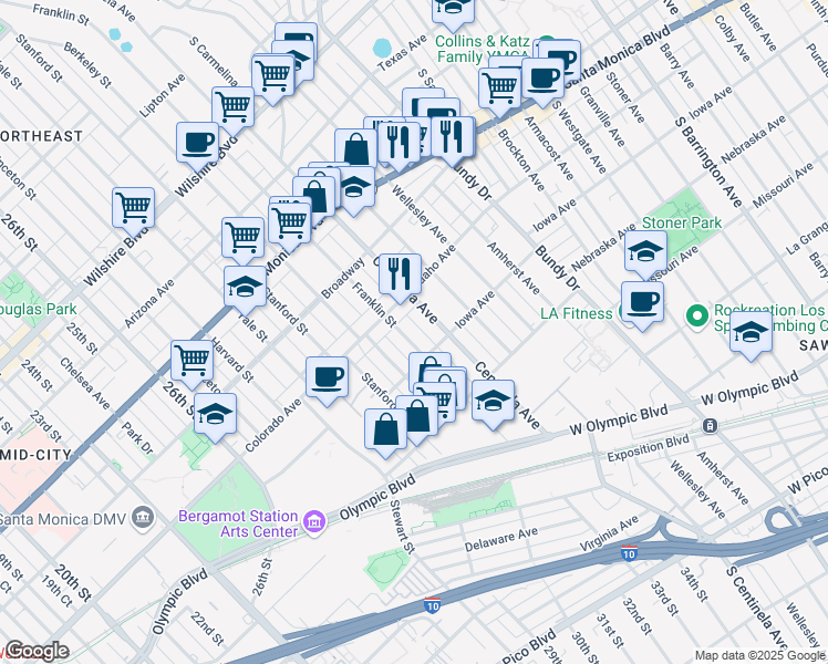 map of restaurants, bars, coffee shops, grocery stores, and more near 1633 Centinela Avenue in Santa Monica