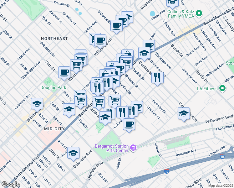 map of restaurants, bars, coffee shops, grocery stores, and more near 1437C Yale Street in Santa Monica