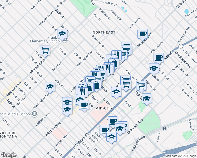 map of restaurants, bars, coffee shops, grocery stores, and more near 1133 24th Street in Santa Monica