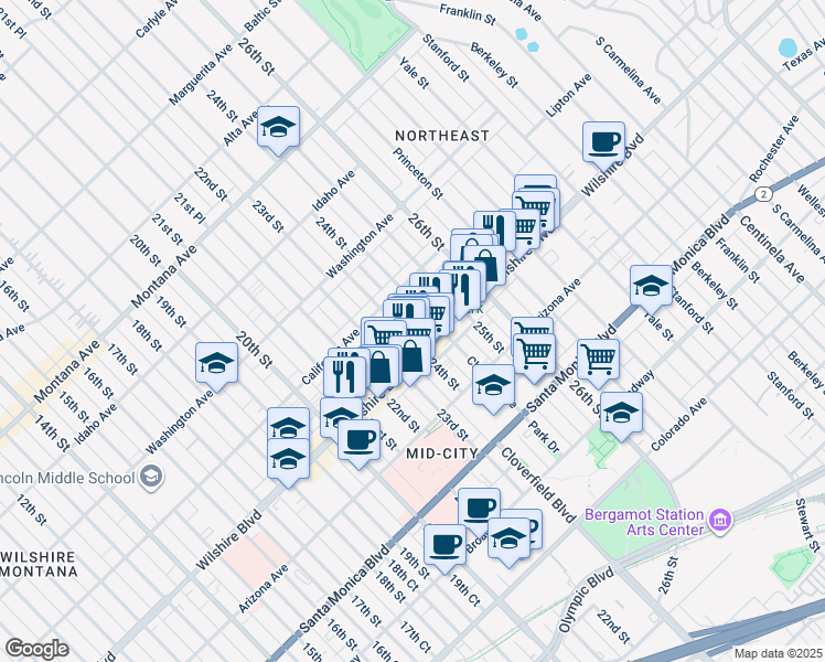 map of restaurants, bars, coffee shops, grocery stores, and more near 2 24th Street in Santa Monica