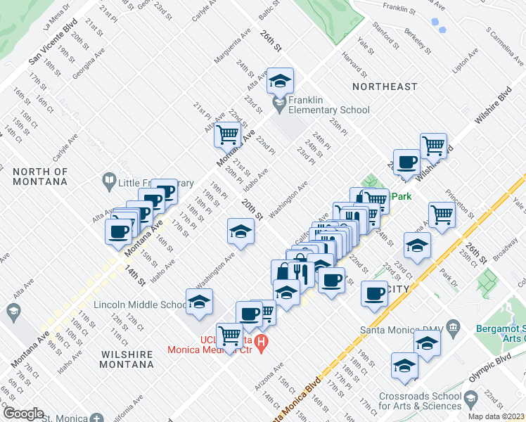 map of restaurants, bars, coffee shops, grocery stores, and more near 936 21st Street in Santa Monica