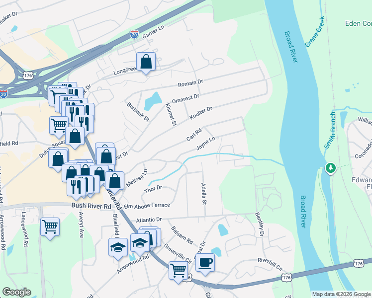 map of restaurants, bars, coffee shops, grocery stores, and more near 1729 Carl Road in Columbia