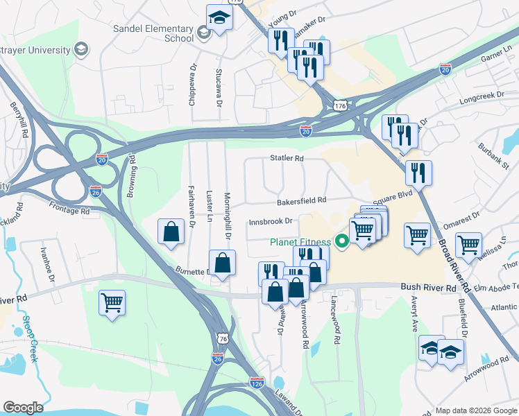 map of restaurants, bars, coffee shops, grocery stores, and more near 951 Bakersfield Road in Columbia