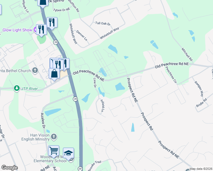 map of restaurants, bars, coffee shops, grocery stores, and more near 1271 Old Peachtree Road Northeast in Lawrenceville