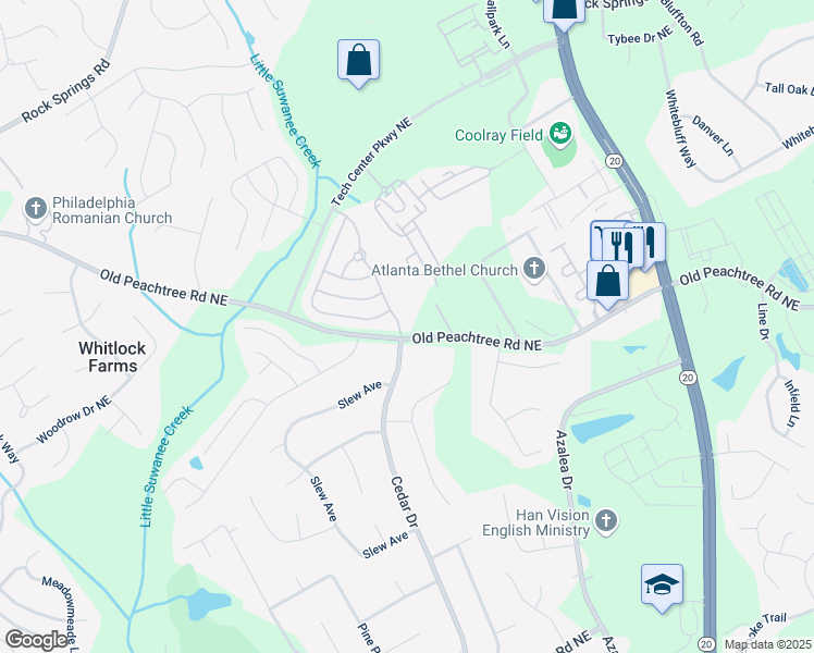 map of restaurants, bars, coffee shops, grocery stores, and more near 2625 Cedar Drive in Lawrenceville