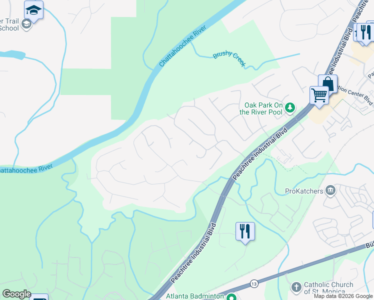 map of restaurants, bars, coffee shops, grocery stores, and more near 1729 Katie Lane in Suwanee