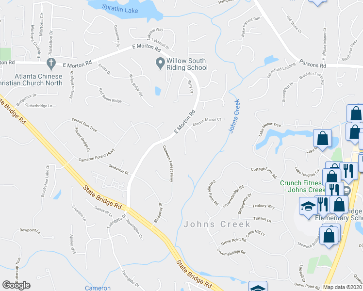 map of restaurants, bars, coffee shops, grocery stores, and more near 155 Morton Manor Court in Alpharetta