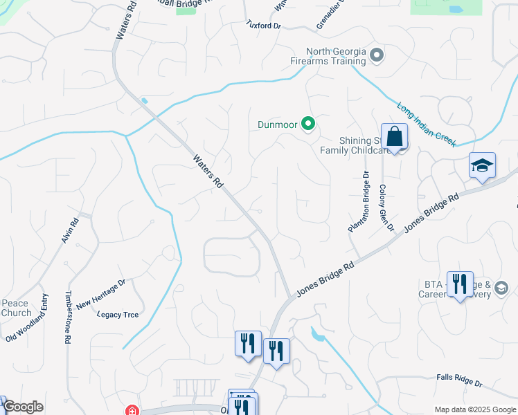 map of restaurants, bars, coffee shops, grocery stores, and more near Thome Drive in Alpharetta