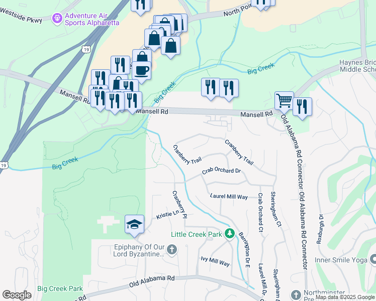 map of restaurants, bars, coffee shops, grocery stores, and more near 660 Cranberry Court in Roswell